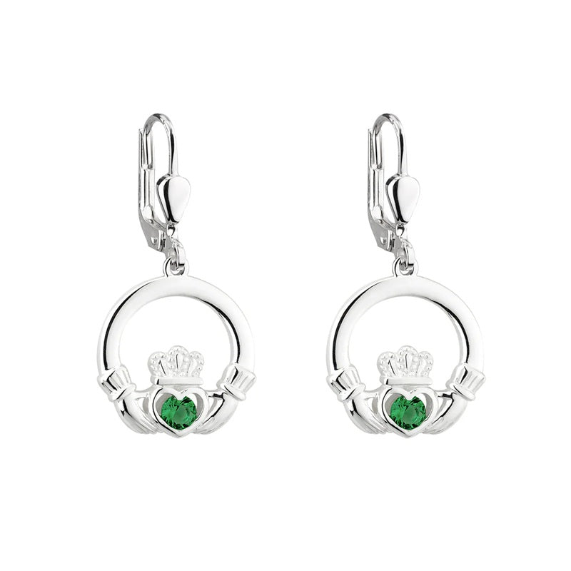 Sterling Silver Green Crystal Claddagh Drop Earrings