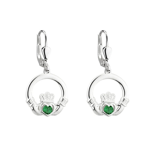 Sterling Silver Green Crystal Claddagh Drop Earrings