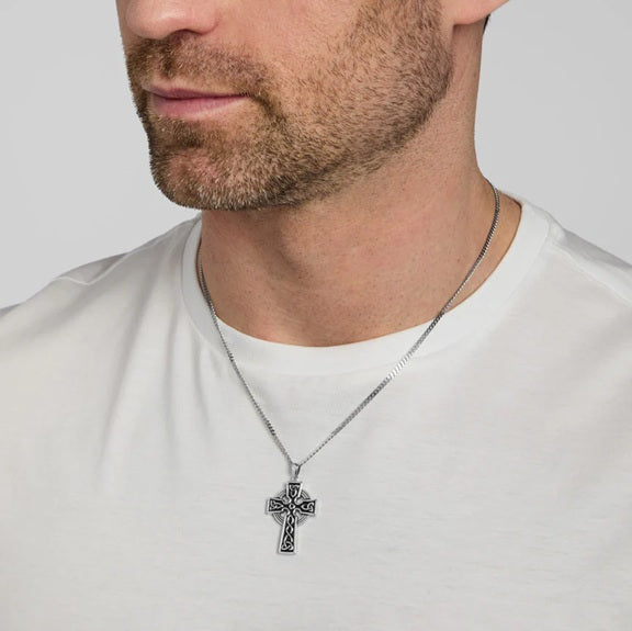 Double Sided Silver Oxidised Cross Pendant On Steel Chain