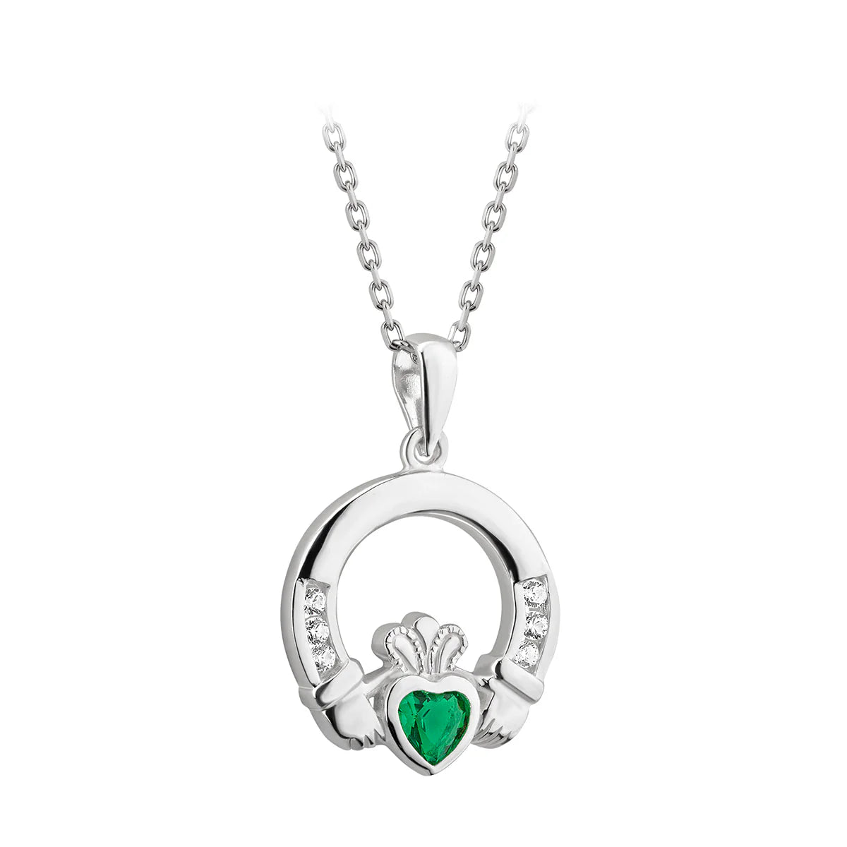 Sterling Silver Synthetic Emerald Claddagh Necklace