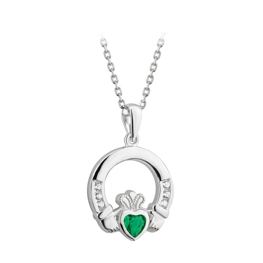 Sterling Silver Synthetic Emerald Claddagh Necklace