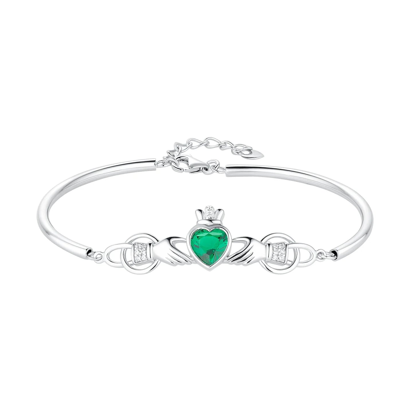 Sterling Silver Green CZ Heart Claddagh Bracelet