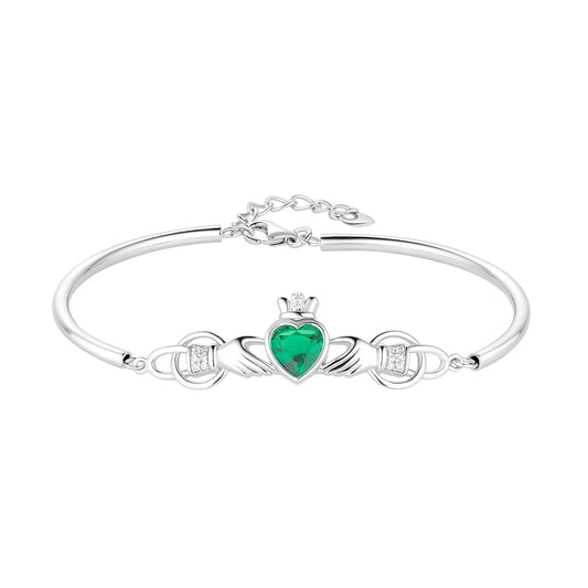 Sterling Silver Green CZ Heart Claddagh Bracelet
