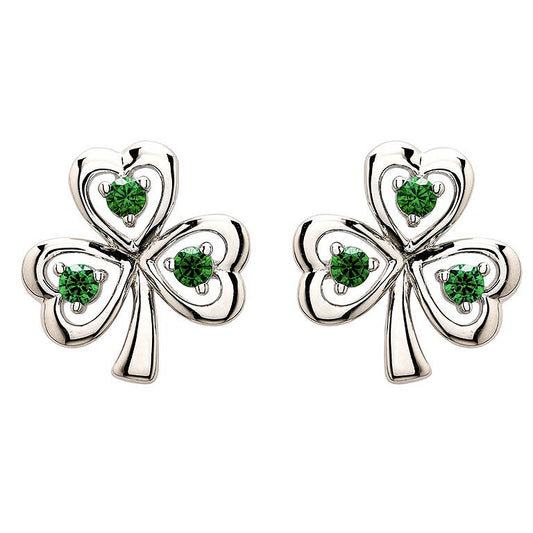 Sterling Silver & Emerald CZ Shamrock Stud Earrings