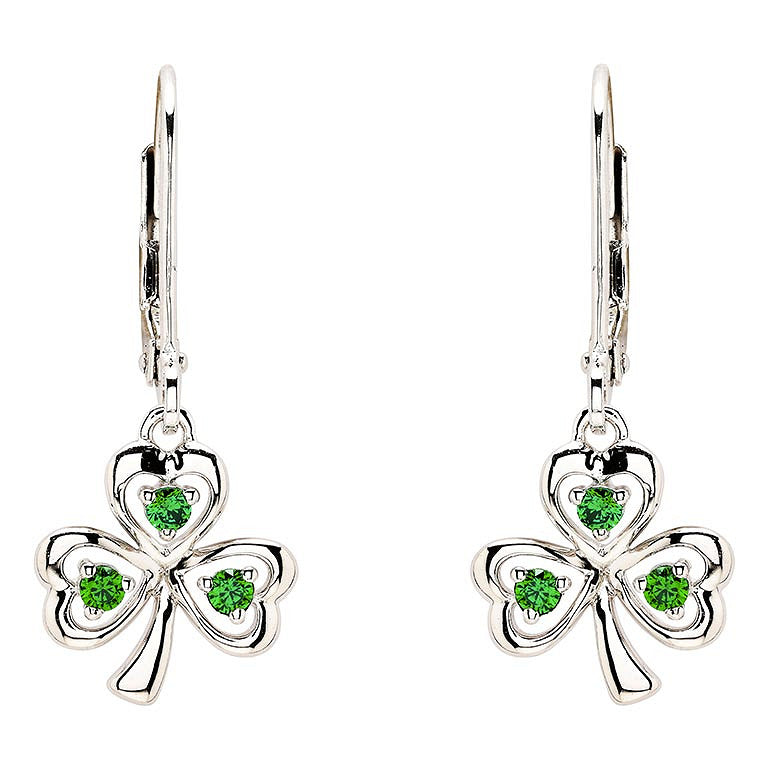 Sterling Silver & Emerald CZ Shamrock Drop Earrings