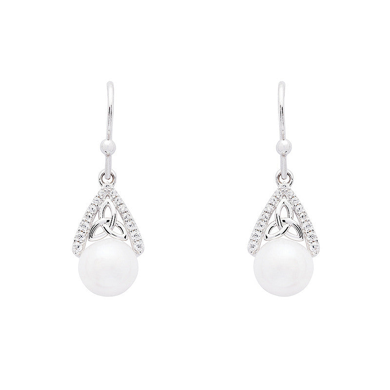 Intricate Trinity Knot Pearl Drop Earrings