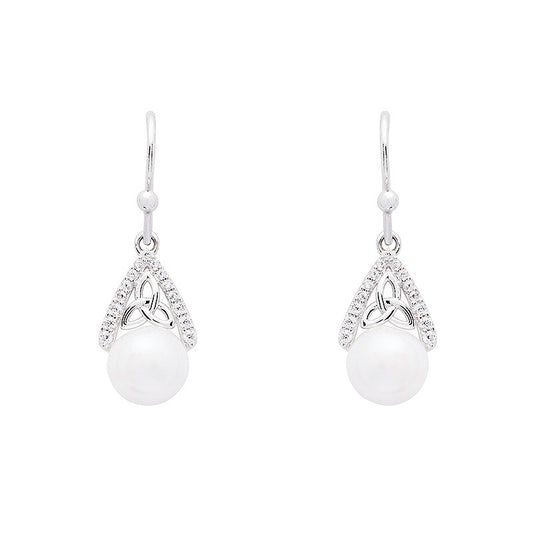 Intricate Trinity Knot Pearl Drop Earrings