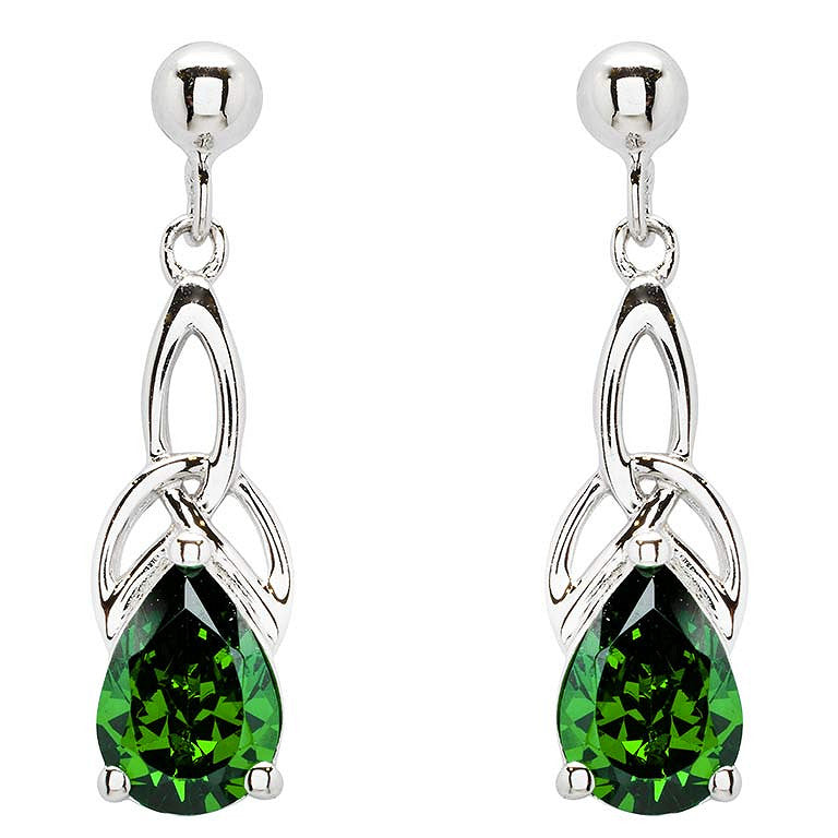 Sterling Silver & Pear Cut Emerald Green CZ Trinity Knot Drop Earrings
