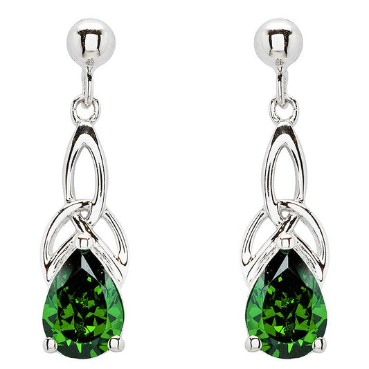 Sterling Silver & Pear Cut Emerald Green CZ Trinity Knot Drop Earrings