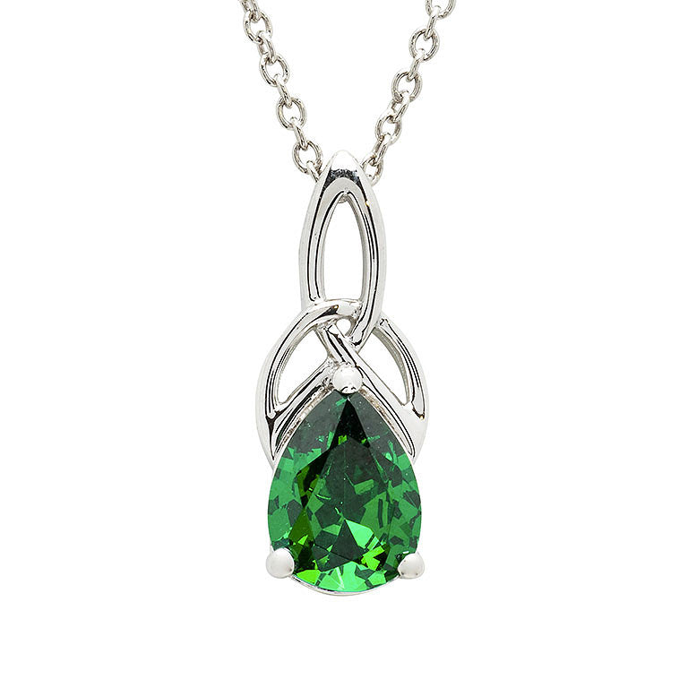 Sterling Silver & Pear Cut Emerald Green CZ Trinity Knot Drop Necklace