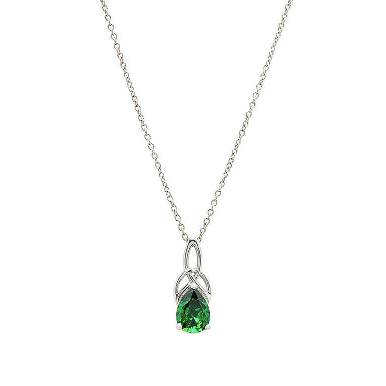 Sterling Silver & Pear Cut Emerald Green CZ Trinity Knot Drop Necklace