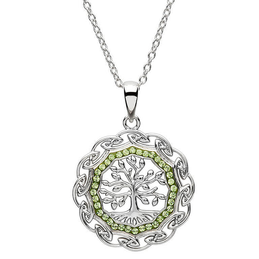 Celtic Silver Tree Of Life Pendant Embellished With Peridot Crystals