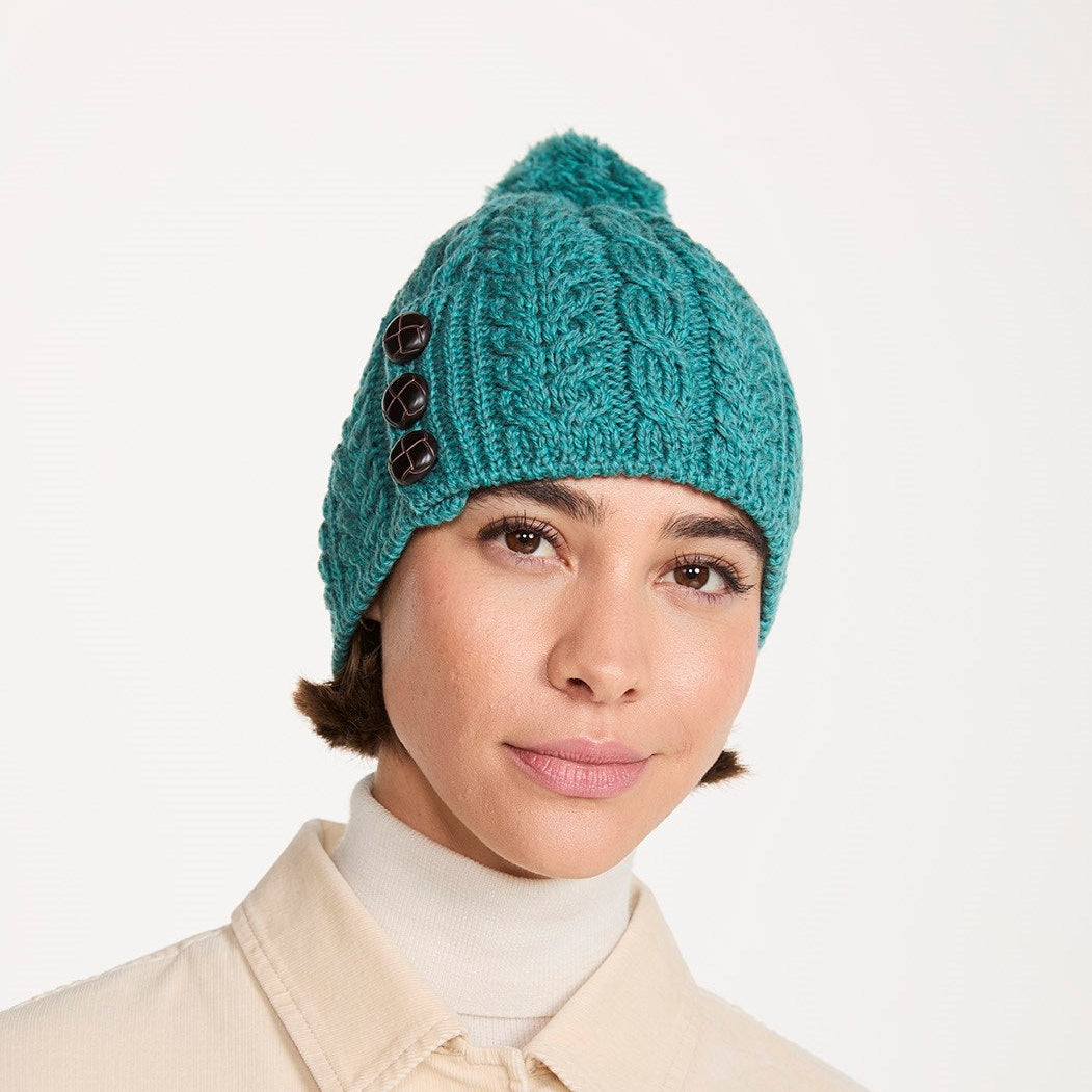 Buttoned Aran Hat with Pom Pom - Teal