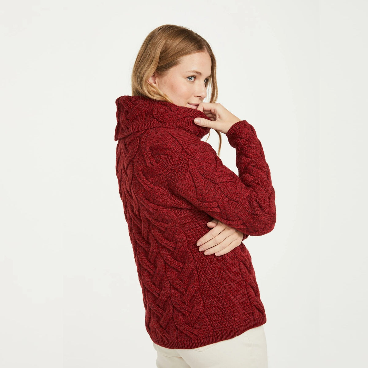 Cowl Neck Aran Sweater - Rua Red