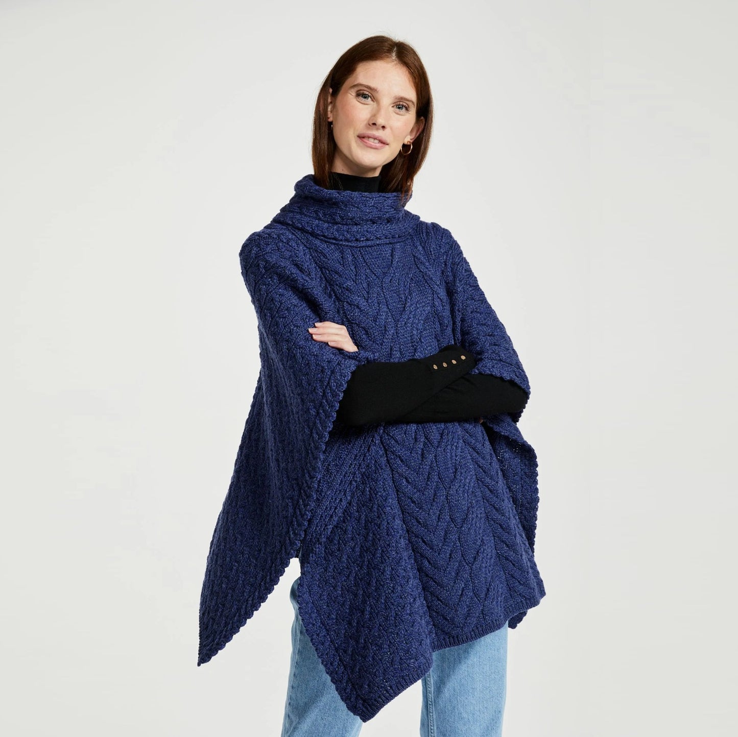 Cowl Neck Aran Poncho - Ink Blue