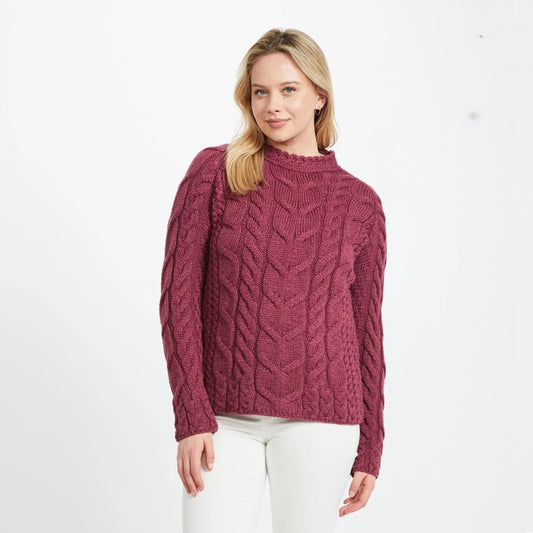 Fitted Aran Cable Sweater - Berry