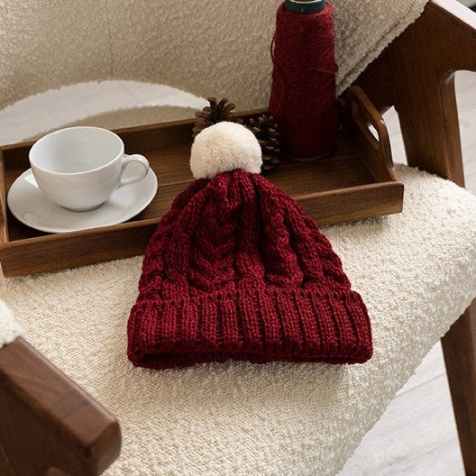 Solas Aran Cable Christmas Hat - Red with White Pom