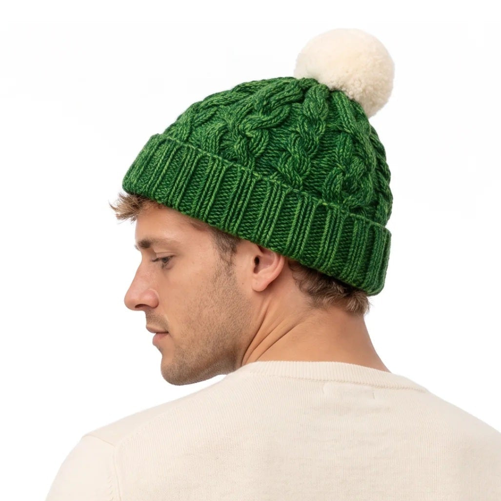 Solas Aran Cable Christmas Hat - Green with White Pom