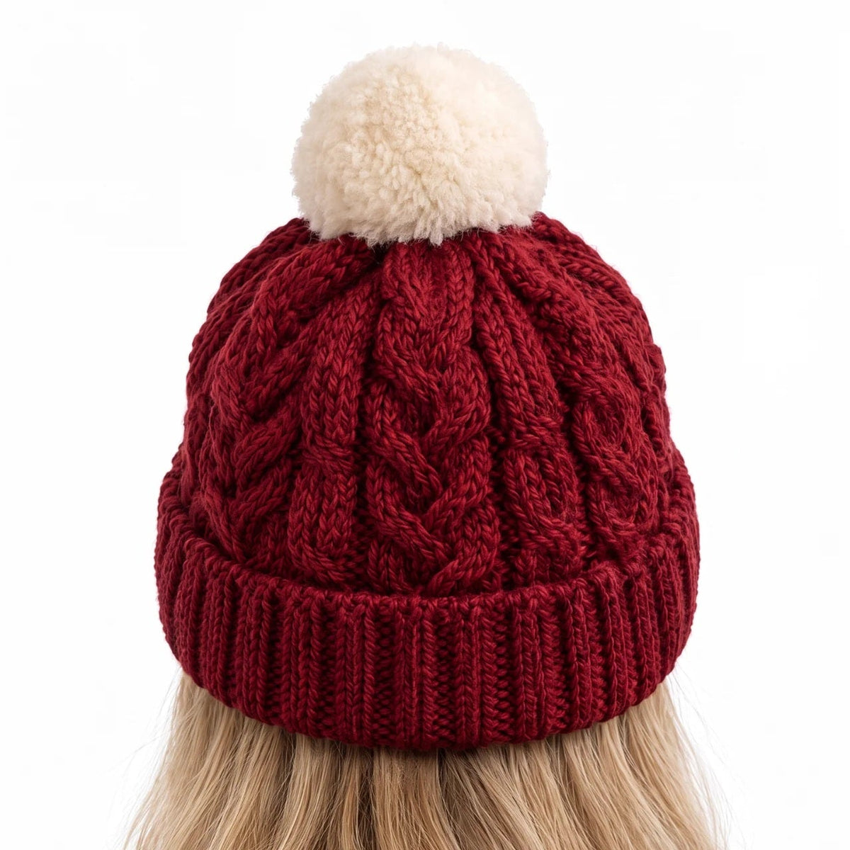Solas Aran Cable Christmas Hat - Red with White Pom