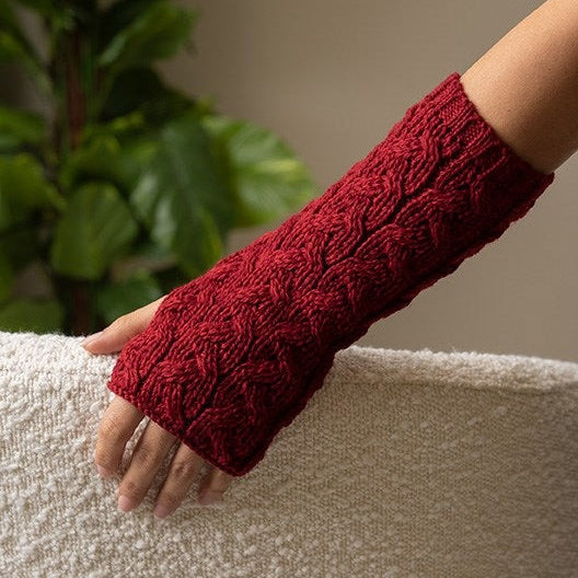 Aran Fingerless Mittens - Red
