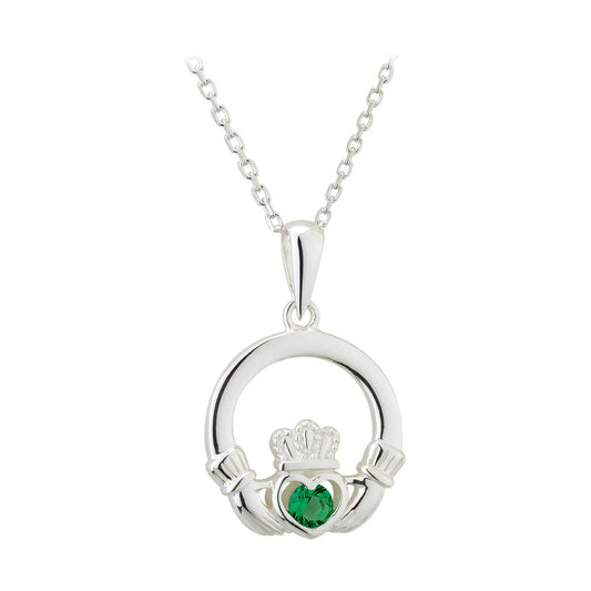 Sterling Silver Green Crystal Claddagh Necklace