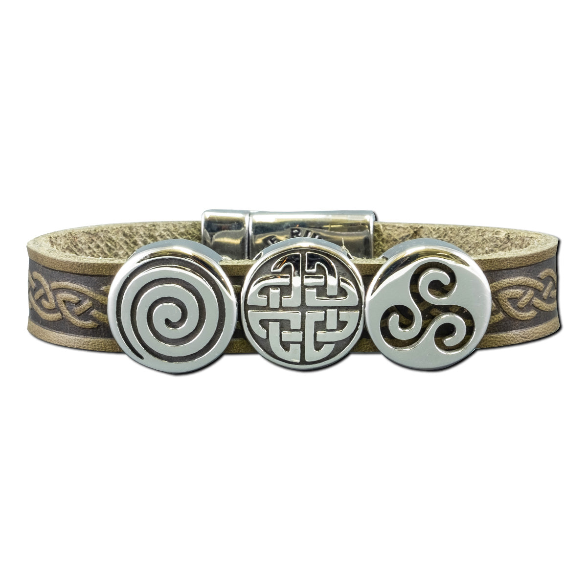 Triple Charm Leather Cuff Bracelet - Green