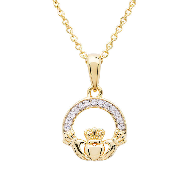 Claddagh Necklace with Cubic Zirconia - Gold Vermeil & CZ