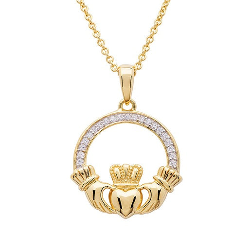 Large Claddagh Necklace with Cubic Zirconia - Gold Vermeil & CZ