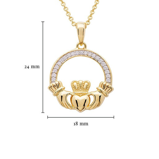 Large Claddagh Necklace with Cubic Zirconia - Gold Vermeil & CZ