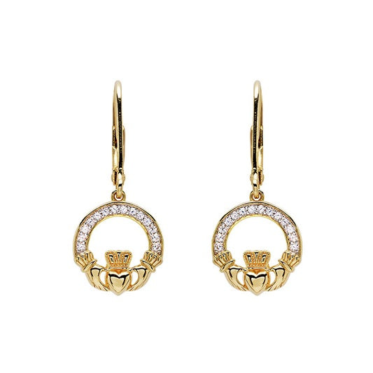 Claddagh Drop Earrings - Gold Vermeil & CZ