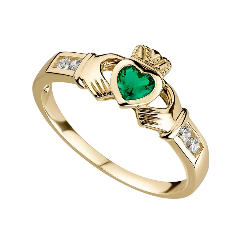 10K Gold Claddagh Ring with Emerald Heart