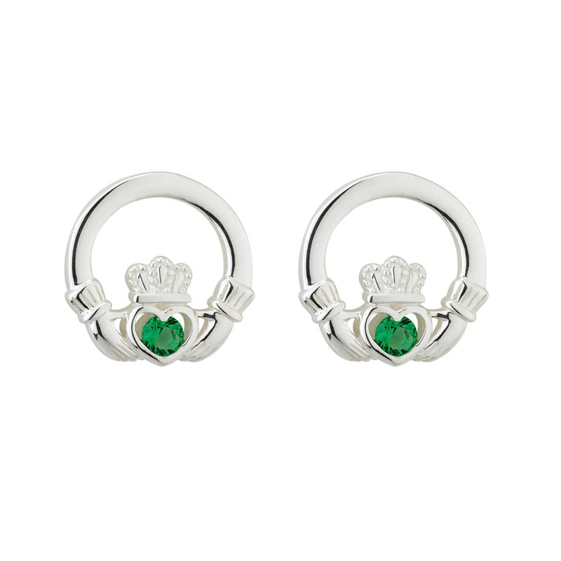 Sterling Silver Green Crystal Claddagh Stud Earrings